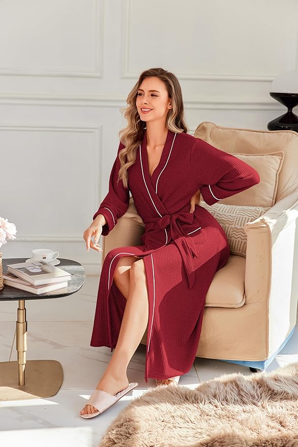 Ekouaer Robes for Women Lightweight Knit Waffle Bathrobe Full Length Kimono Casual Ladies Loungewear