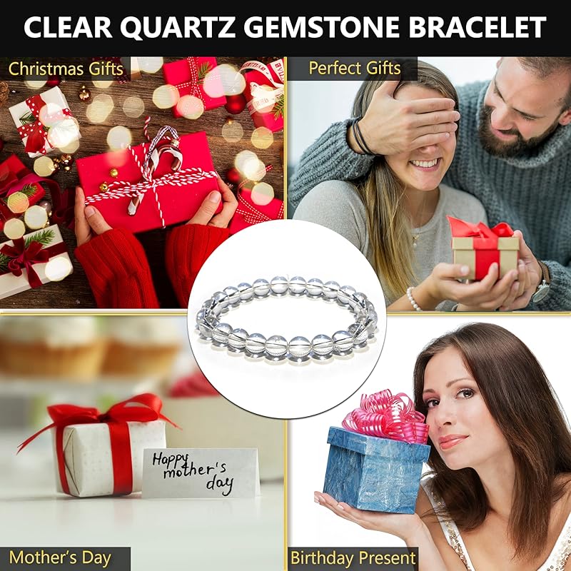 Clear Quartz Bracelet, Natural Healing Crystal Bracelet for Women and Men, 8mm Round Beaded Bracelet for Spiritual, Protection, Positive Energy, Elastic Adjustable Size Gemstone Bead Bracelet