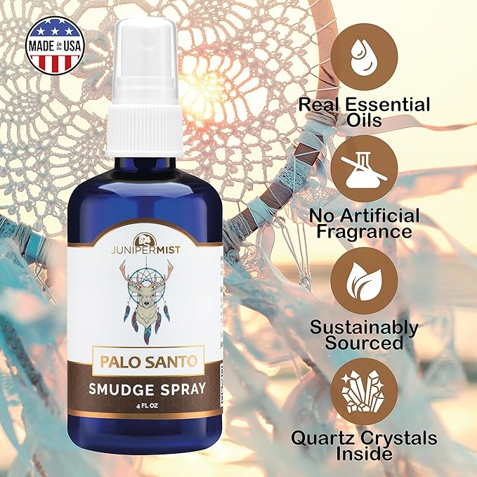 Palo Santo and Sage Smudge Spray (4oz) Grounding & Clarity - Cleansing Energy & Aura – Sage Spray for Smudging & Negative Energy – Smokeless Mist for Home & Meditation – Crystal Infused, USA Made