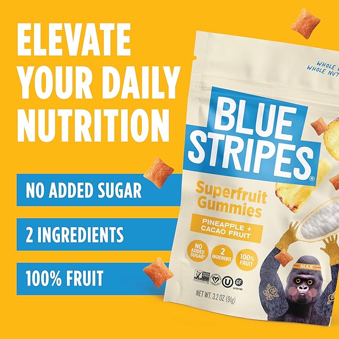 Blue Stripes Cacao Superfruit Gummies - Vegan Chewy Fruity Snack, No Sugar Added 100% Fruit Gummy, 9 Essential Vitamins & Minerals, Natural Tropical Superfood - Pineapple & Cacao, 3.2 oz (4 Pack)