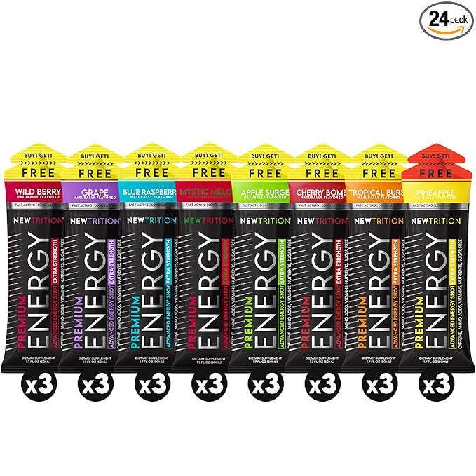 NewTrition® Extra Strength Energy Shots, 250mg Caffeine Energy Shots with Vitamin B & Amino Acids, Sugar-Free Vitamin Energy Shot, 1.7 fl oz (Pack of 24, 8 Flavors - Mixed 1&2)