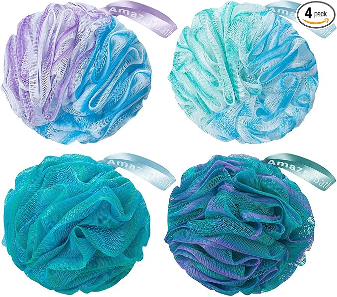 AmazerBath Loofah Sponge 60g/Piece, Exfoliating Bath Sponge Body Scrubber - Loofa Set of 4 Flower Color (Green-Purple)