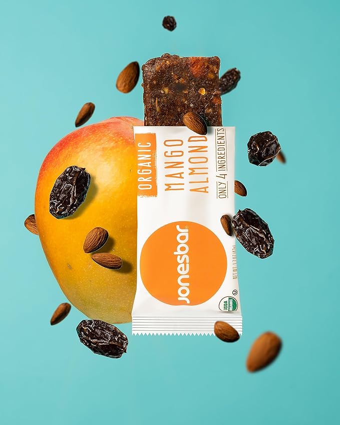 JONESBAR (Mango Almond, 4 Count (Pack of 1)), USDA Organic Fruit & Nut Bar, Non-GMO, Kosher, Vegan, Gluten Free, Simple Snack Bar