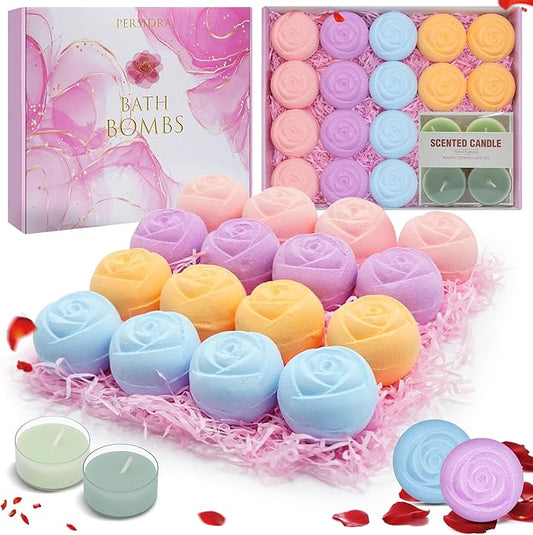 Bath Bombs for Women - 16 Pcs Handmade Natural Essential Oils Rose Bath Bombs, Home Spa Fizzies Bubble Bath, Birthday Gifts for Her Self Care Gifts for Mom Wife (16)