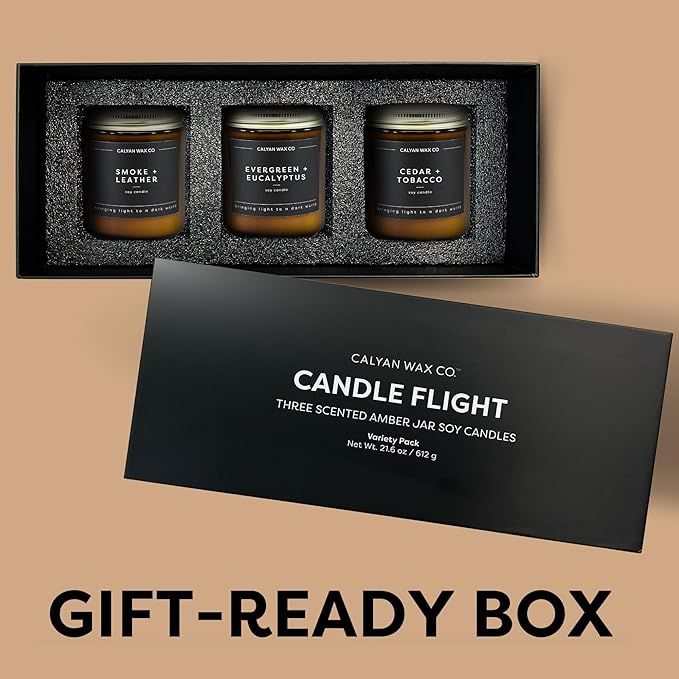 Calyan Wax Co. Scented Candle Gift Set, Candle Flight, Set of 3 Scented Candles, Non Toxic & Vegan Soy Wax, Amber Glass Jar Candles for Men, 57 Hour Burn Time, 7oz Each
