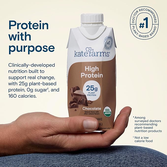 KATE FARMS Organic High Protein Chocolate Nutrition Shake, 25g Protein, 6g Fiber, 27 Vitamins and Minerals, 0g Sugar, Protein Drink, 11 oz (12 Pack)