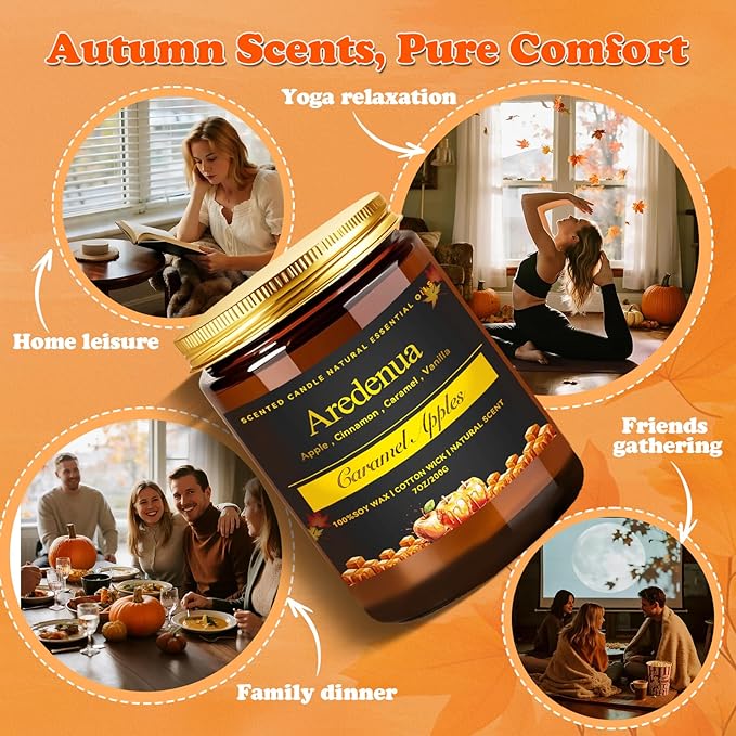 Fall Candles - Caramel Apple Candle | Fall Scented Candle, Thanksgiving Gifts - 7oz Autumn Soy Candles for Home Scented - Apple Scented for Thanksgiving, Autumn & Holiday Gift for Women Men