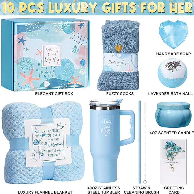 Birthday Gifts for Women Self Care Gifts Get Well Soon Gifts, Ocean Relaxing Spa Gifts Basket Care Package w/ Flannel Blanket 40 OZ Tumbler, Christmas Gifts for Mom Wife Grandma Friends Sisters Her