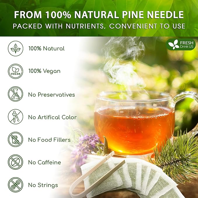 FreshDrinkUS, Pine Needle Tea Bags – 40 Tea Bags, Naturally Caffeine-Free, Refreshing Herbal Tea, Wild-Harvested Pine Leaves, Aromatic and Soothing – Non-GMO & Eco-Friendly Packaging