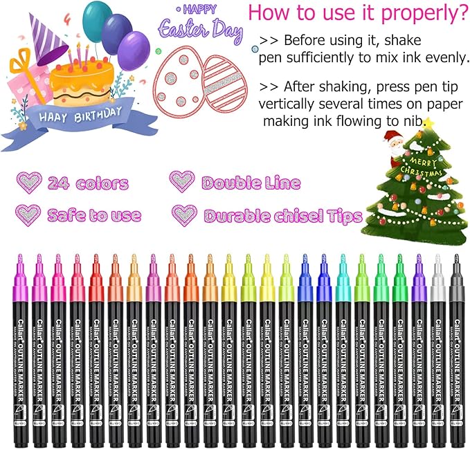 Caliart 24 Colors Outline Glitter Markers, Shimmer Metallic Pens Stocking Stuffers Christmas Gifts Trendy Stuff, Cool Fun Craft Drawing Arts Supplies Set