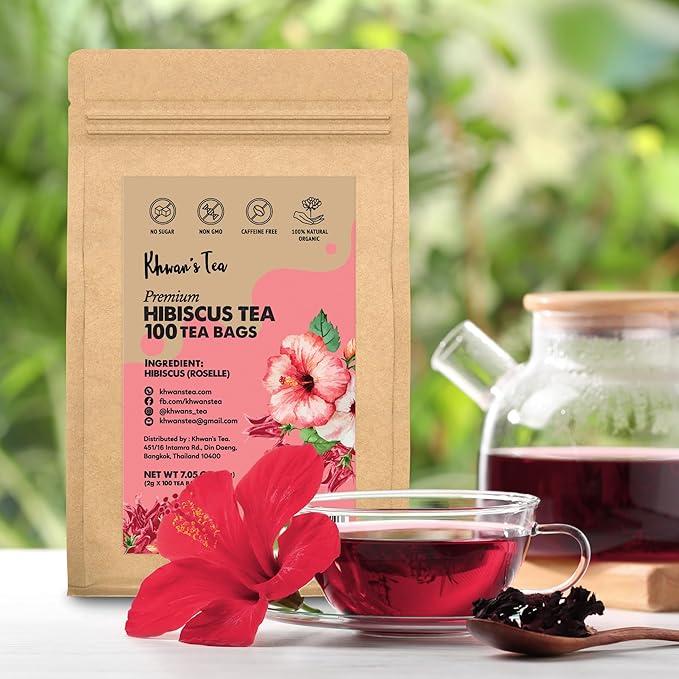 KHWAN’S TEA Roselle Hibiscus Flower Tea bags, Caffeine-Free Herbal Tea, Tart & Refreshing Flavor Hot or Iced, Premium Natural Hibiscus Infusion, Antioxidant-Rich Herbal Tea from Thailand (2g/bag)