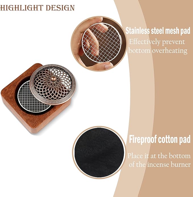 Acacia Wood Incense Burner for Cones & Coils, with Sticks Holder - 3-in-1, Zen Meditation Yoga Home Room Decor