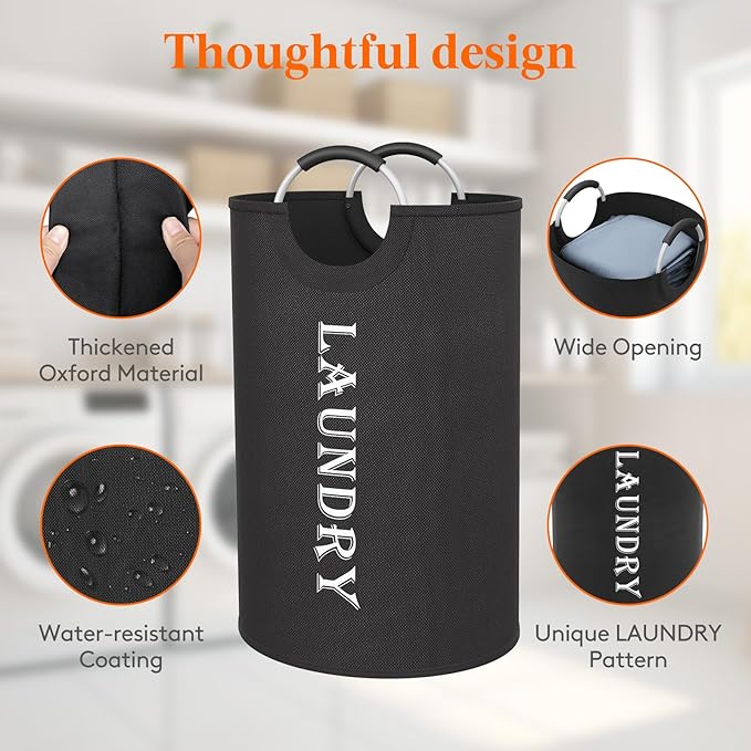 Lifewit 140L 2-Pack Large Laundry Basket, Collapsible Laundry Hamper with Aluminum Handles, Waterproof Freestanding Dirty Clothes Hampers for Laundry Room Bedroom Dorm Bathroom, Black