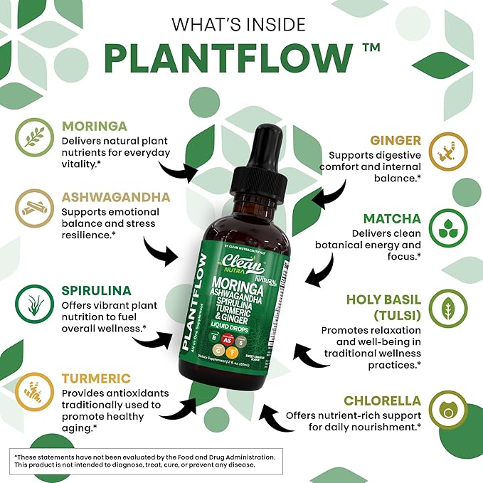 Clean Nutra Moringa Supplement Drops Ashwagandha Spirulina Chlorella Turmeric & Ginger Liquid Barley Grass with Chlorophyll Blue Green Algae Vitamin C Antioxidant Holy Basil Ceylon Cinnamon PlantFlow