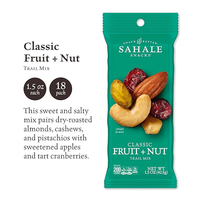 Sahale Snacks Classic Fruit and Nut Trail Mix, 1.5 Oz Grab & Go Bags (18 Packs) - Dry-Roasted Deluxe Mixed Nuts with Apples and Cranberries - Non-GMO, Kosher Trail Mix & Certified Gluten-Free Snacks