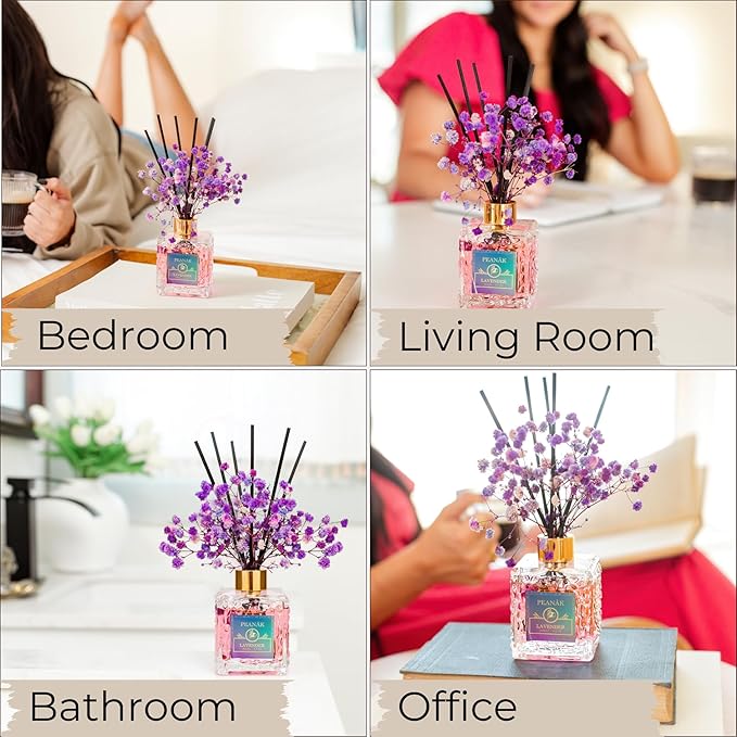 Reed Diffuser Set - French Lavender Oil, Oil Diffuser Sticks, Bathroom Diffuser, Bathroom Decor, 200ml with Preserved Flowers - PEANÄK