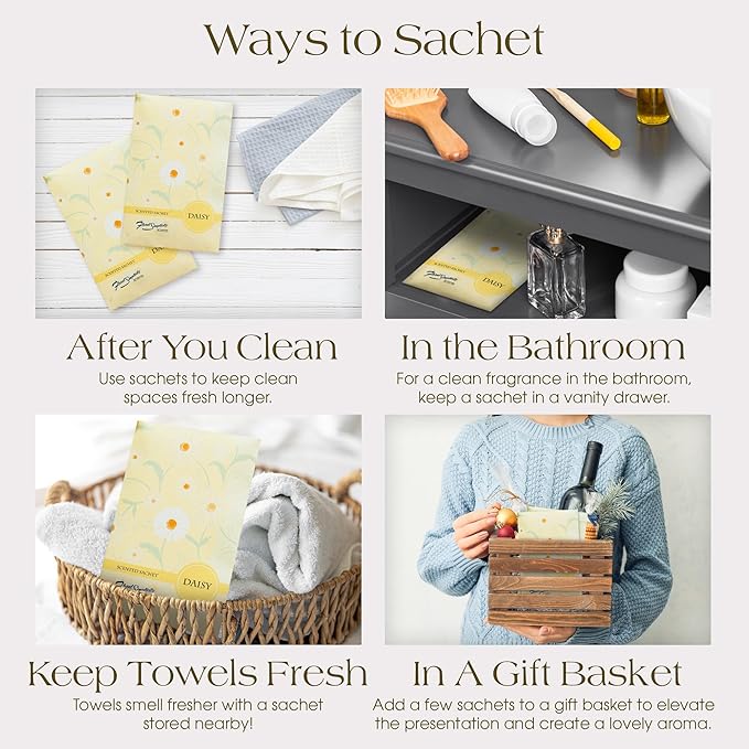 Daisy Scented Sachets Pack of 6, Spring and Summer - Long-Lasting Scented Bags, Home Fragrance, Air Freshener & Deodorizer for Closet, Room, Drawer, or Cars, Made in USA