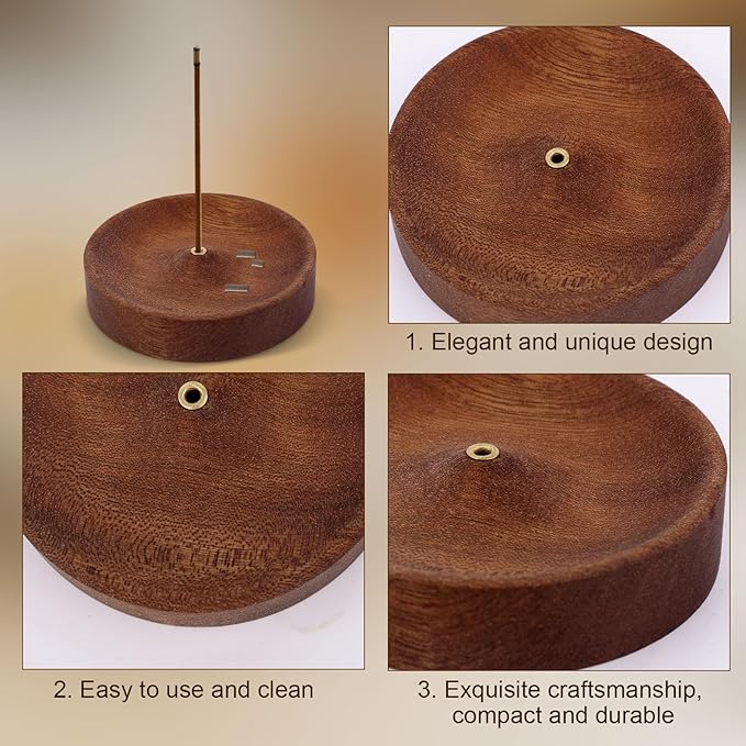 Ebony Wood Incense Burner, Round Wooden Incense Sticks Holder Handmade Ash Catcher Burner Tray Vintage Aroma Diffuser Bowl for Meditation Relaxation Home Decor