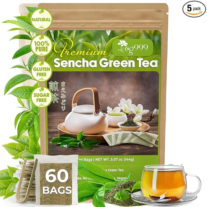 TOG999, Premium 60 Sencha Green Tea Bags, 100% Natural & Pure from Sencha Green Tea Leaves. Loose Leaf Sencha Herbal Tea. No Sugar, No Gluten, Vegan.