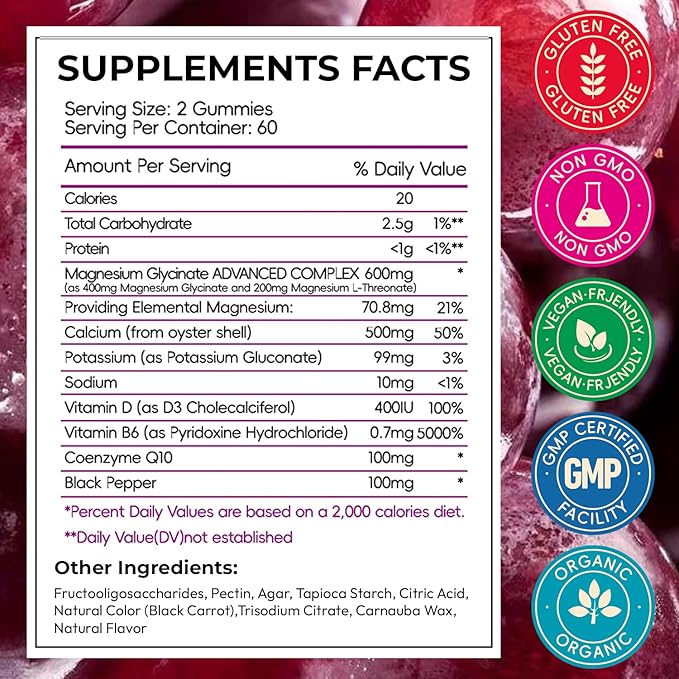 Magnesium Glycinate Gummies 600mg, Sugar Free Chewable Magnesium Gummies with Black Currant for Men & Women, Supports Evening Routine & Inner Balance, No Melatonin, Vegan, 60 Days Supply