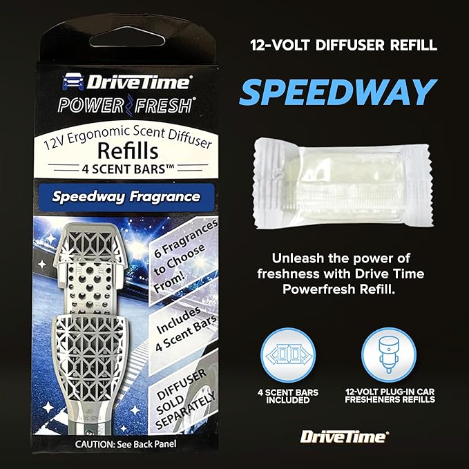 Drive Time Reusable 12V Plug-in Car Air Freshener – Power Fresh, Auto Shut-Off, Plug-In Convenience, No Batteries Needed – Includes 4 Scent Bars for Up to 30 Days of Freshness – Speedway