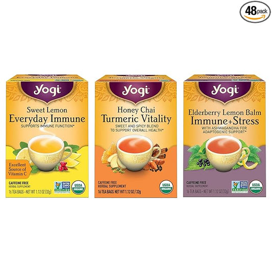 Yogi Tea Immune Support Tea Variety Pack - 16 Bags per Pack (3 Packs) - Immunity Support Sampler Set - Sweet Lemon Everyday Immune, Honey Chai Turmeric Vitality & More
