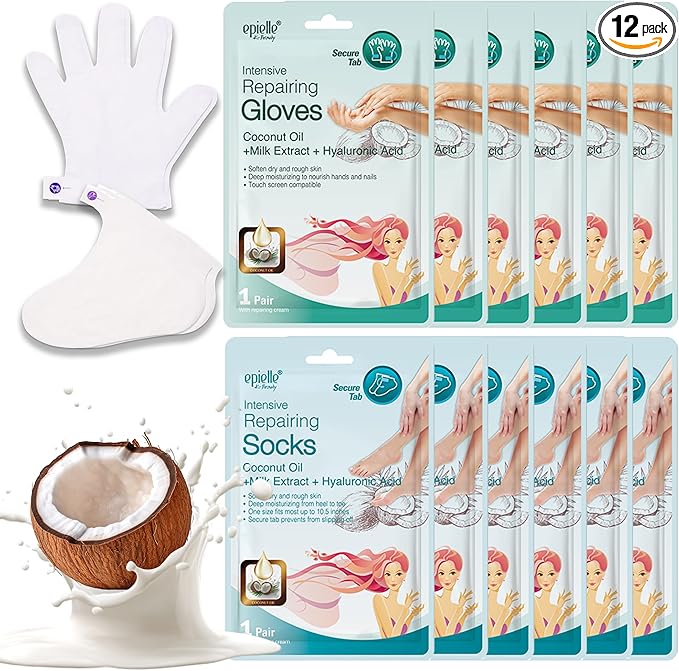 Epielle Intensive Repairing Hand & Foot Masks (6 Gloves & 6 Socks), Repair and Moisturize Dry Hands & Cracked Heels with Coconut Oil & Milk Extract, Korean Skin Care, Spa Self Care Gifts for Women