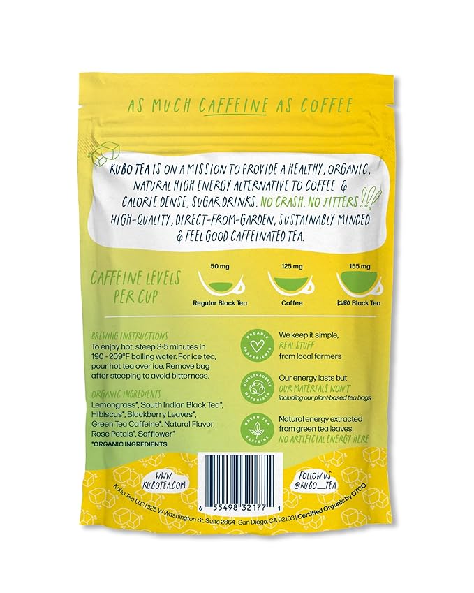 Kubo Tea Organic High Energy Iced Tea - High Caffeine Coffee Substitute with 20 Servings (155mg Caffeine each) - Pillow Tea Bags - Half & Half Lemonade Flavor w/Compostable & Biodegradable Packaging