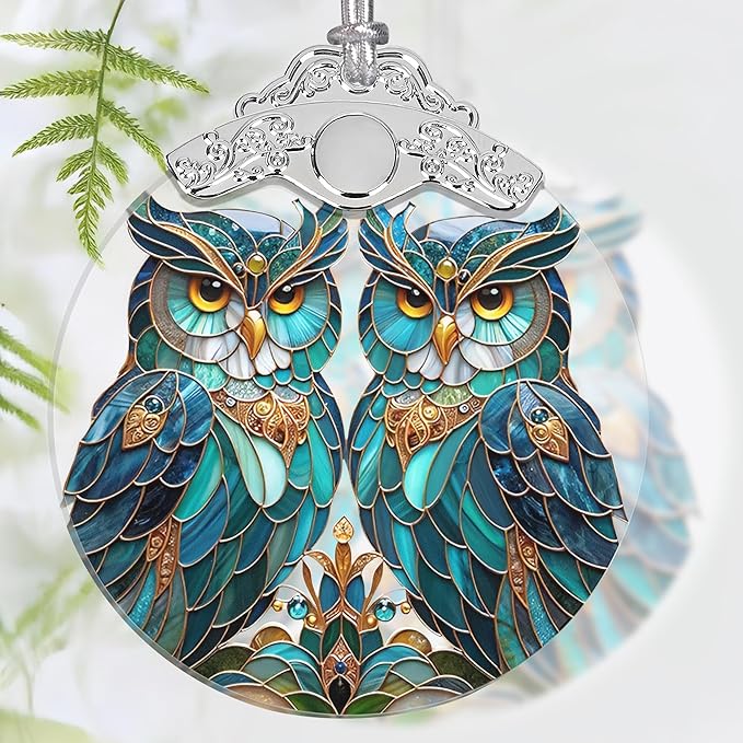 Christmas Ornament, 2025 Ornaments for Christmas Tree, Stained Glass Hanging Ornament, Holiday Ornaments, Unique Gift Idea - A Pair of Owls
