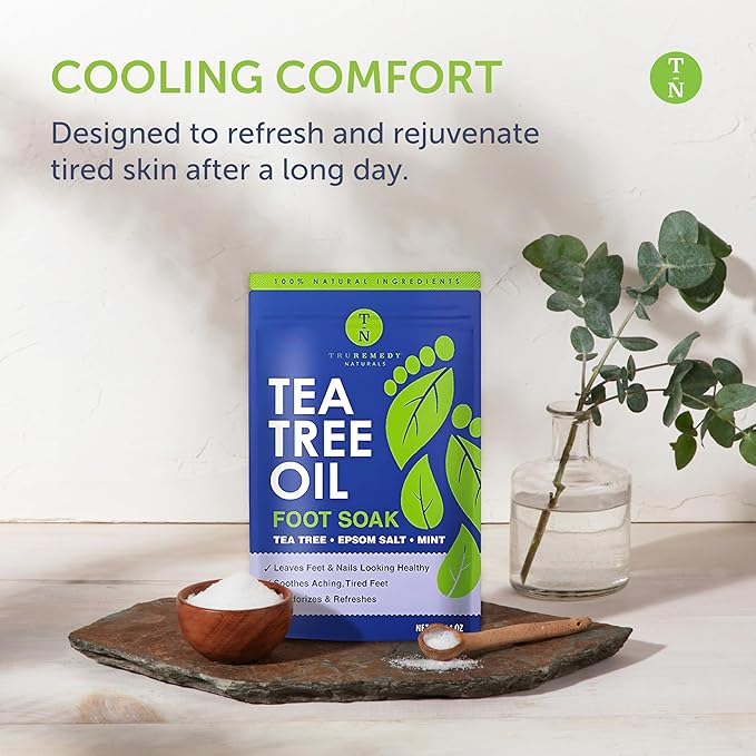 14oz Tea Tree Oil Foot Soak with Epsom Salt and Mint by Truremedy Naturals - Foot Soaking Salts for Dry and Tired Feet - Gently Exfoliates and Refreshes Feet for Soft, Supple Skin