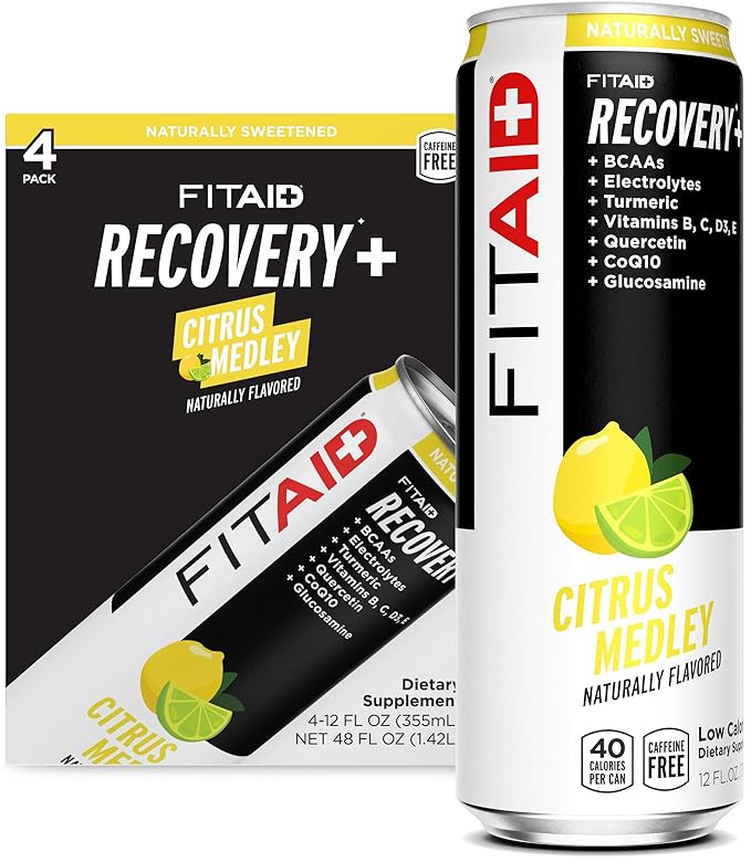 FITAID Recovery Blend, Number 1 Post-Workout Recovery Drink, BCAAs, Electrolytes, Full Vitamin B Complex, Paleo, Vegan & Gluten-Free, Lightly Carbonated, 12 Fl Oz (Pack of 4)