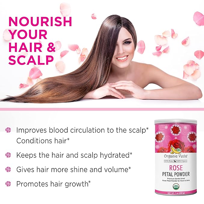 Organic Veda Edible Rose Petal Powder - Organic Rose Petal Powder for Cooking, Herbal Tea, Smoothies, Toppings - Natural Rose Petal Powder for DIY Face Masks, Skin & Hair Care - Vegan, No Gluten - 7oz