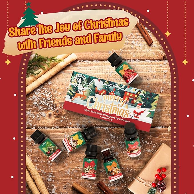 Christmas Fragrance Oil Set, SNOWSEN Winter Essential Oils for Diffuser & Aromatherapy, Apple Cinnamon, Christmas Pudding, Candy Cane, Gingerbread, Cranberry Scented Oil for Candle Making