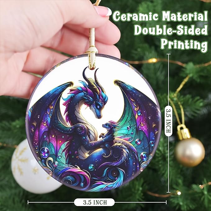 Dragon Ceramic Christmas Ornament, 3.5 Inch Hanging Decor for Tree, Gift Exchange Present