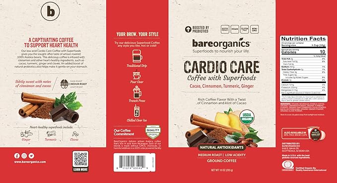 Cardio Care Organic Ground Bagged Coffee – Probiotic Coffee with Cacao, Ginger, Turmeric & Cinnamon – Healthy Superfood, Mold Free, Vegan, Gluten Free 10 oz
