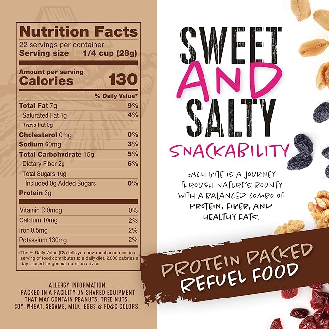 Natural Cravings 22oz Trail Mix Bulk Family Size Bag - Omega 3 Dried Fruit Mix & Assorted Nuts Mix with Dry Cranberries, Peanuts, Raisins & Walnuts - Gourmet Trailmix for School, Office, Outdoor Fun