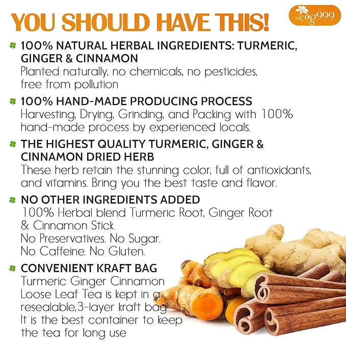 TOG999, Premium 20oz/330 cups Ginger Turmeric Cinnamon Loose Leaf Herbal Tea. Improve Digestion, Support Brain, Weight, Skin and Sleep. Premium Quality Spiced Blend. No Sugar, No Caffeine, No Gluten, Vegan.