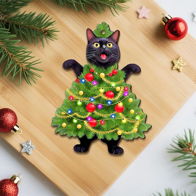 Black Cat Wooden Ornament - Cute Screaming Cat Decorative Pendant - Black Cat Hanging Gifts for Cat Lovers - 2 Side Printed Christmas Tree Ornament
