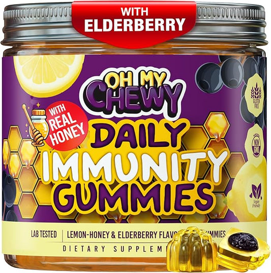 Elderberry Gummies Immunity Support - Real Honey and Lemon Immune Supplement for Kids & Teens with Vitamin C, Echinacea, and Zinc - 60 CT