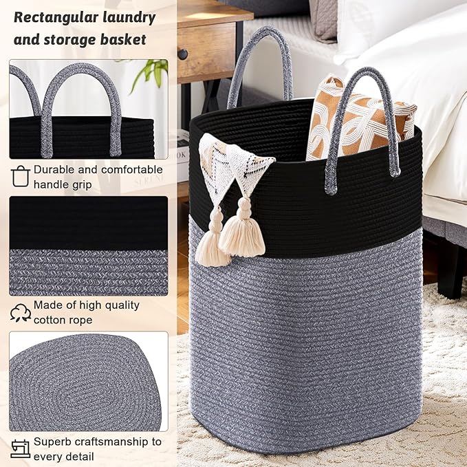 Laundry Basket,Woven Cotton Rope Laundry Hamper,Versatile Storage for Dirty Clothes,Baby Toys,and Blankets in Bathroom, Nursery,and Living Room (Black, 100L)