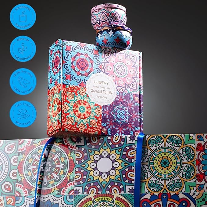 LOVERY 4 Pack Soy Candle Gift Set, Scented Candles, 10% Essential Oil Aromatherapy, 120h Burning, Stress Relief Gifts for Women, Men, Home, Birthday, Mother's Day, Christmas