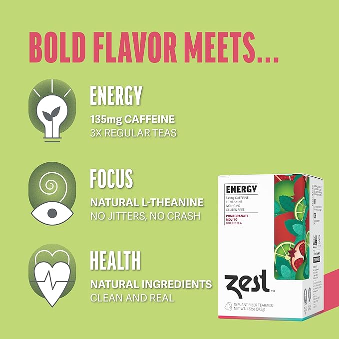 Zest Tea Premium Energy Hot Tea, High Caffeine Blend Natural & Healthy Black Coffee Substitute, Perfect for Keto, 135 mg Caffeine per Serving, Pomegranate Mojito Green Tea, Box of 15 Sachet Bags