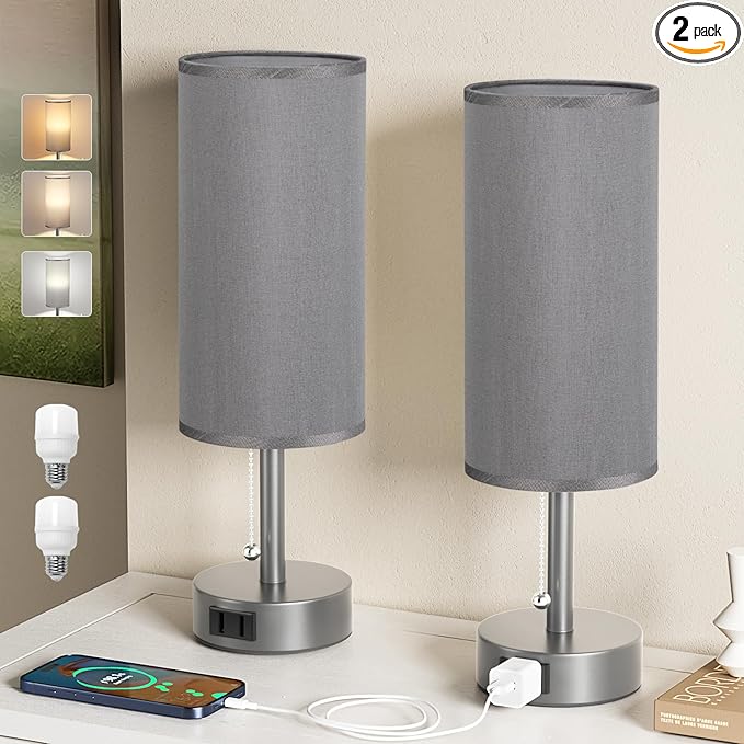 Fenmzee Dark Grey Bedside Table Lamps Set of 2-3 Color Temperatures Pull Chain Lamp with AC Outlet Charging Port, Small Round Night Stand Lamps for Bedroom, Bed Side Light with E26 LED Bulbs