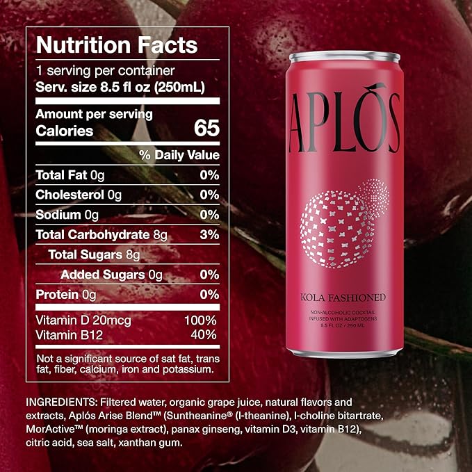 Aplós Arise Canned Kola Fashioned Non-Alcoholic Cocktail, Formulated with Adaptogens to Help with Mood Boosting, Low Calorie, No Added Sugar Beverage (8.5 fl oz. 12-pack)