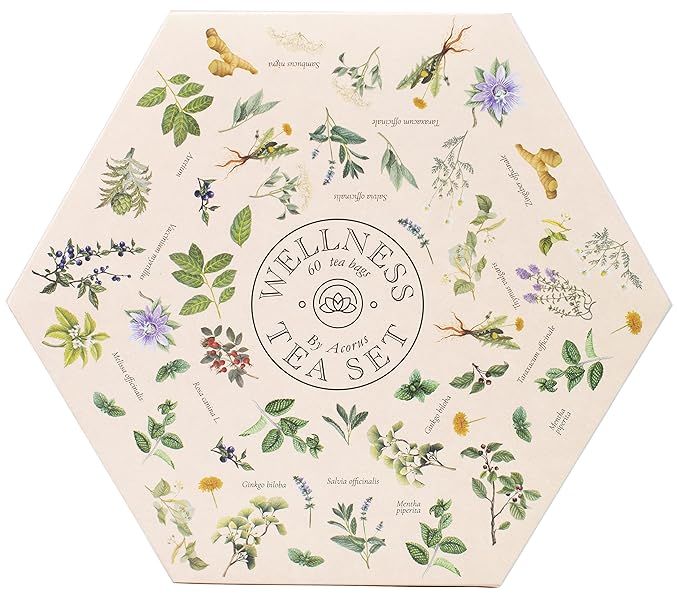 ACORUS Wellness Tea Set – Natural Herbal Tea Variety Pack, Gift Set of 6 Different Teas, 60 Bags Individually Wrapped, Herbal Sampler Box, Harmonious Balance of Taste & Aroma