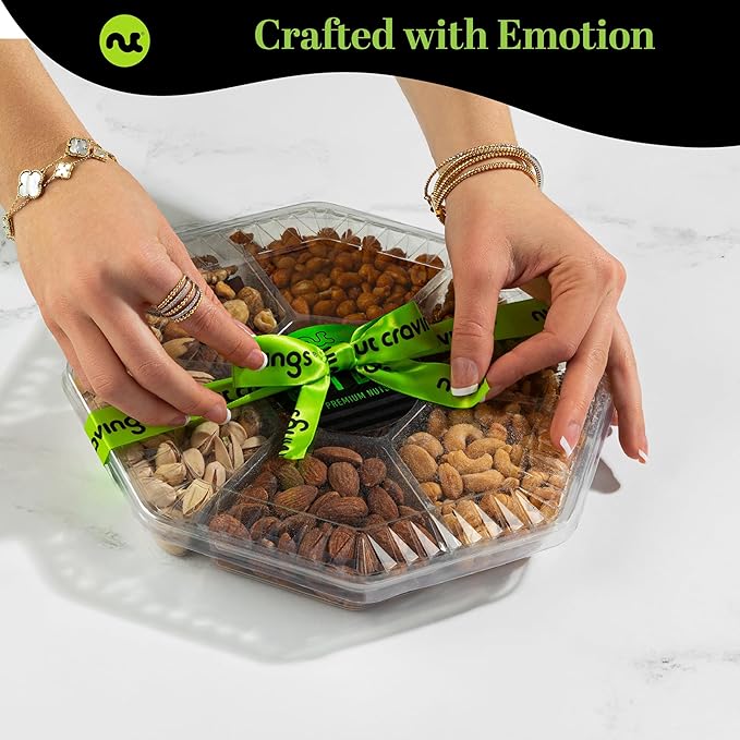 NUT CRAVINGS - Diwali Sweets Hamper Mixed Nuts Gift Basket + Green Ribbon (7 Assortments, 1 LB) Food Arrangement, Healthy Snack Care Package, Food Assortments