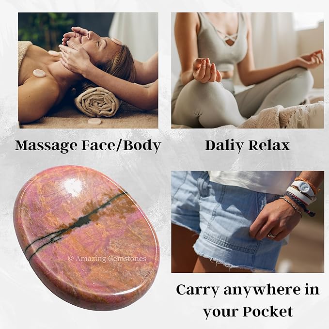 Amazing Gemstone Rhodonite Worry Stone - Pink Crystal for Stress Relief & Meditation