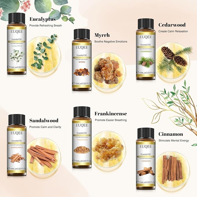 EUQEE 10ml Woody Essential Oils Set - Pure & Nature Essential Oils for Aromatherapy, Diffuser, Candle Making, Massage - Eucalyptus, Cedarwood, Sandalwood, Frankincense, Cinnamon