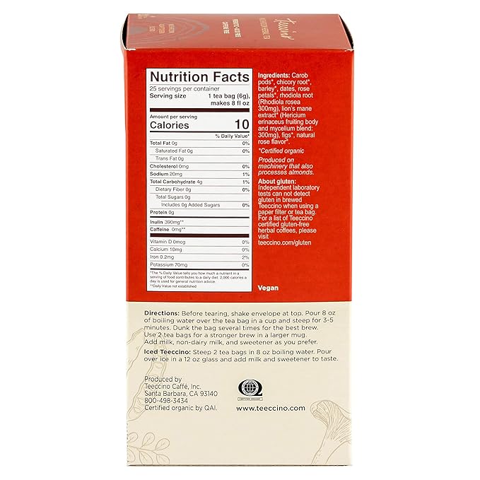 Teeccino Lion’s Mane Rhodiola Rose Mushroom Adaptogen Herbal Tea - Caffeine-Free, 3x More Herbs than Regular Tea Bags, Lightly Sweet from Dates & Figs, Prebiotic - 25 Tea Bags