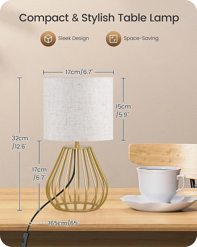 Bedside Table Lamp, 12.6'' Small Table Lamp with Beige Linen Lampshade & Gold Teardrop Cage, Modern Small Little Cute Desk Lamp for Bedroom, Living Room, 2700K LED Bulb Included DE06TL05